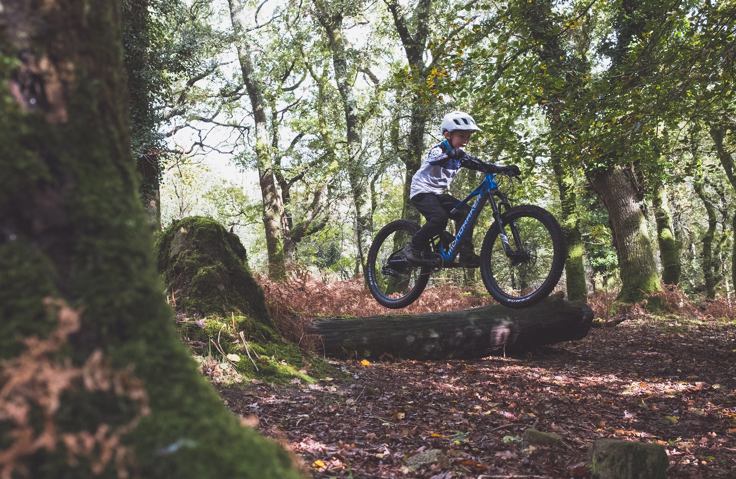 Kind mit Helm fährt ein Mondraker-Kids Mountainbike über einen Baumstamm im Wald.