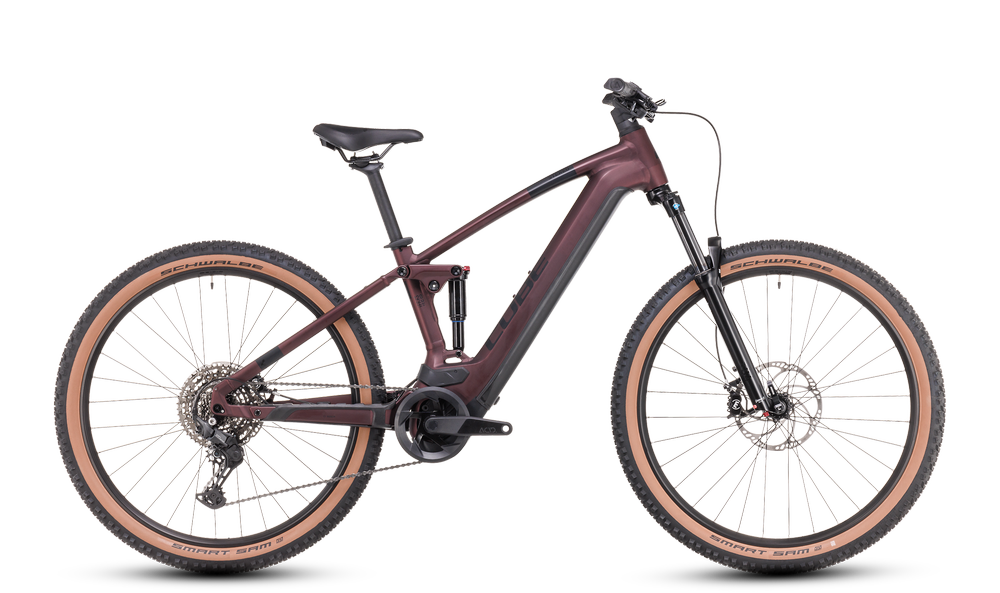 Cube Stereo Hybrid 120 E-Mountainbike, braun, mit Schwalbe-Reifen und Vollfederung für Gelände- und Offroad-Ausflüge.