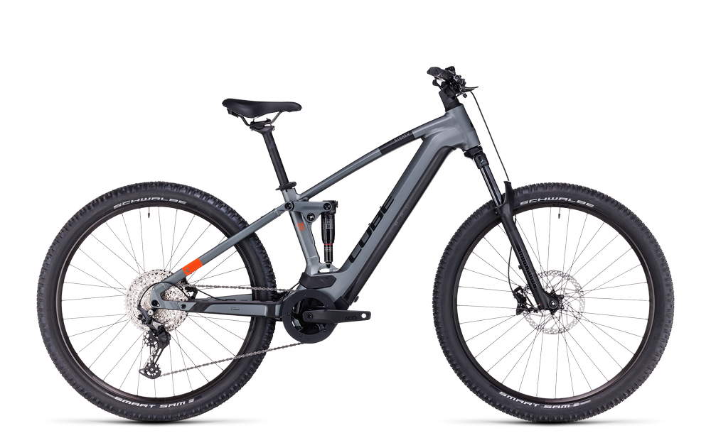 Graues Cube Stereo Hybrid 120 E-Mountainbike, vollgefedert mit Scheibenbremsen, für Offroad-Abenteuer.