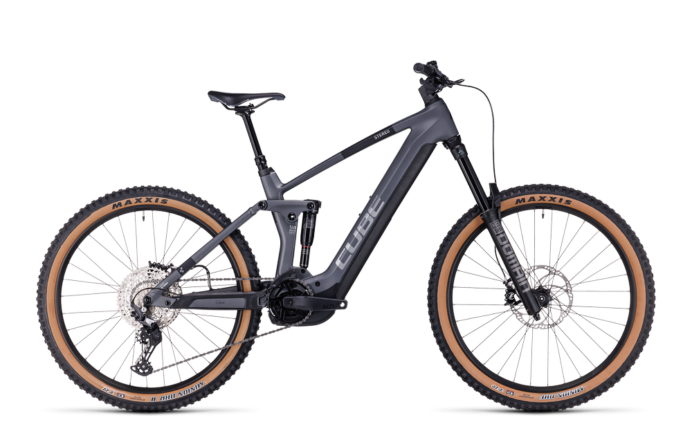 Cube Stereo Hybrid 160 Mountainbike, grau, Vollfederung, geeignet für Offroad-Abenteuer und sportliche Touren.