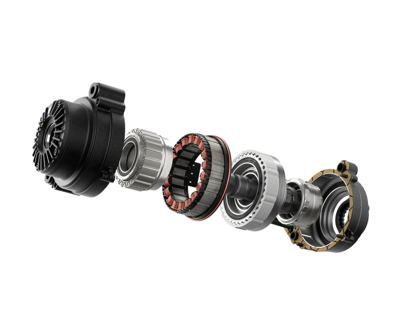 Explosionszeichnung eines E-Bike-Motors, Bauteile detailliert sichtbar, von links nach rechts übereinander angeordnet.