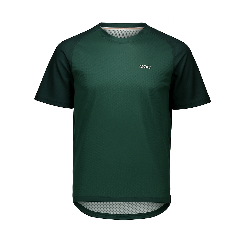 Grünes POC-Kurzarmtrikot für Radsport oder aktive Freizeitgestaltung, geeignet für Männer und Frauen.