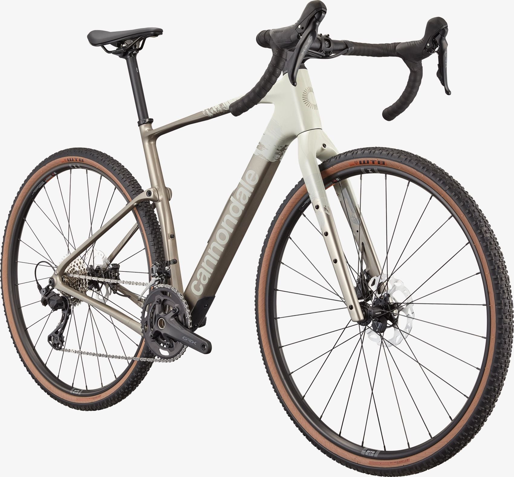 Cannondale Topstone Carbon Fahrrad, geeignet für Schotterwege, mit breiten Reifen und Rennradlenker, graues Design.