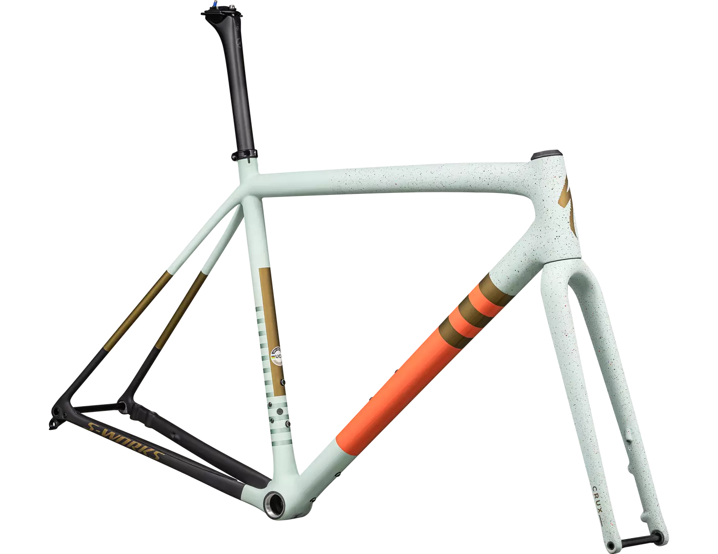 Fahrradrahmen Specialized S-Works Crux, hellblau mit orange und goldenen Akzenten. Ideal für ambitionierte Radfahrer.
