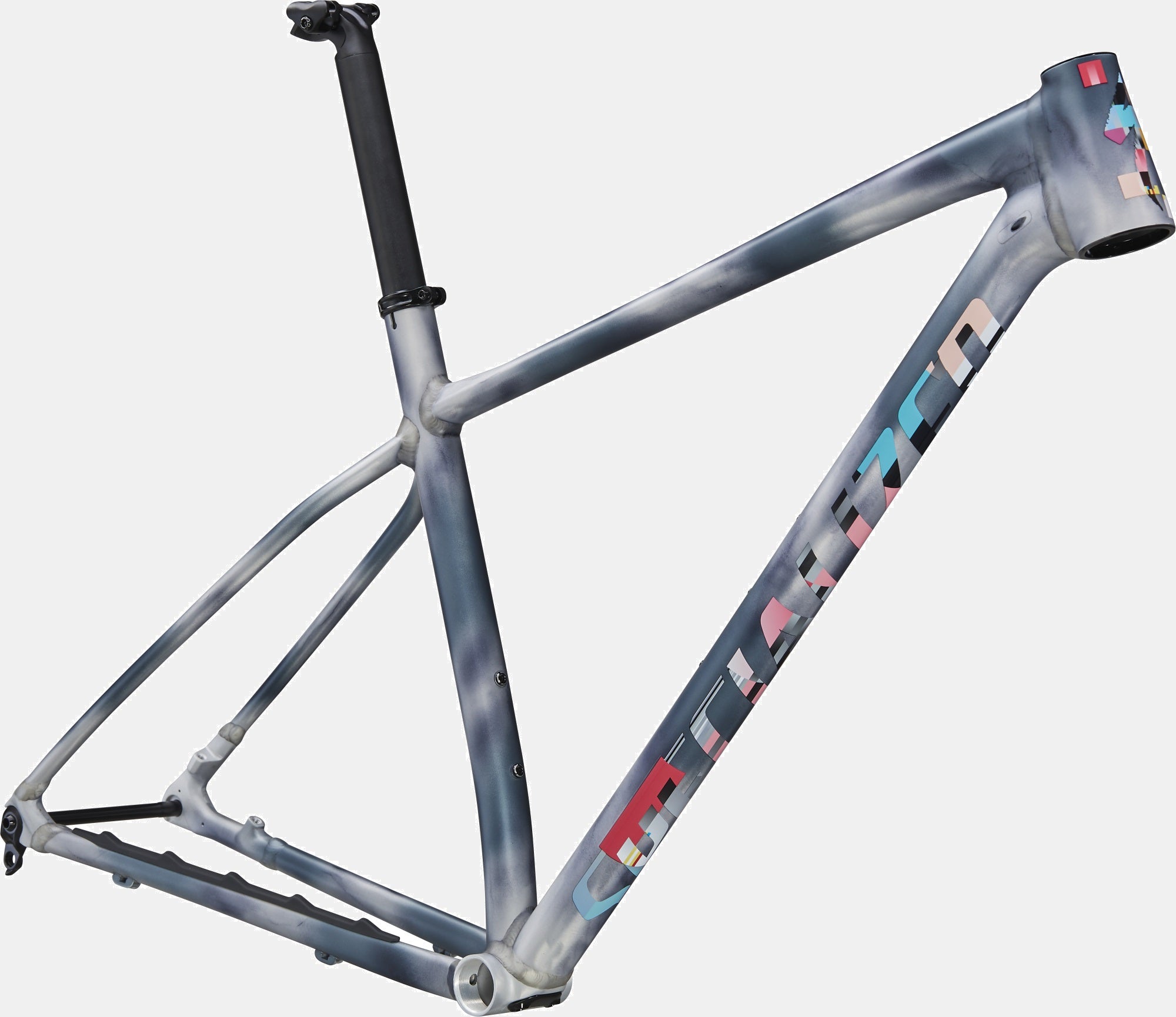 Specialized Chisel Rahmen, grau, mit mehrfarbigem Logo, für Mountainbiking geeignet.