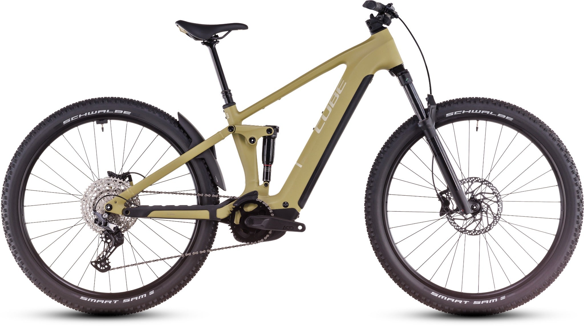 Cube Stereo Hybrid One22 E-Mountainbike, olivgrün, mit Vollfederung für Offroad-Fahrten, geeignet für Abenteuersportler.