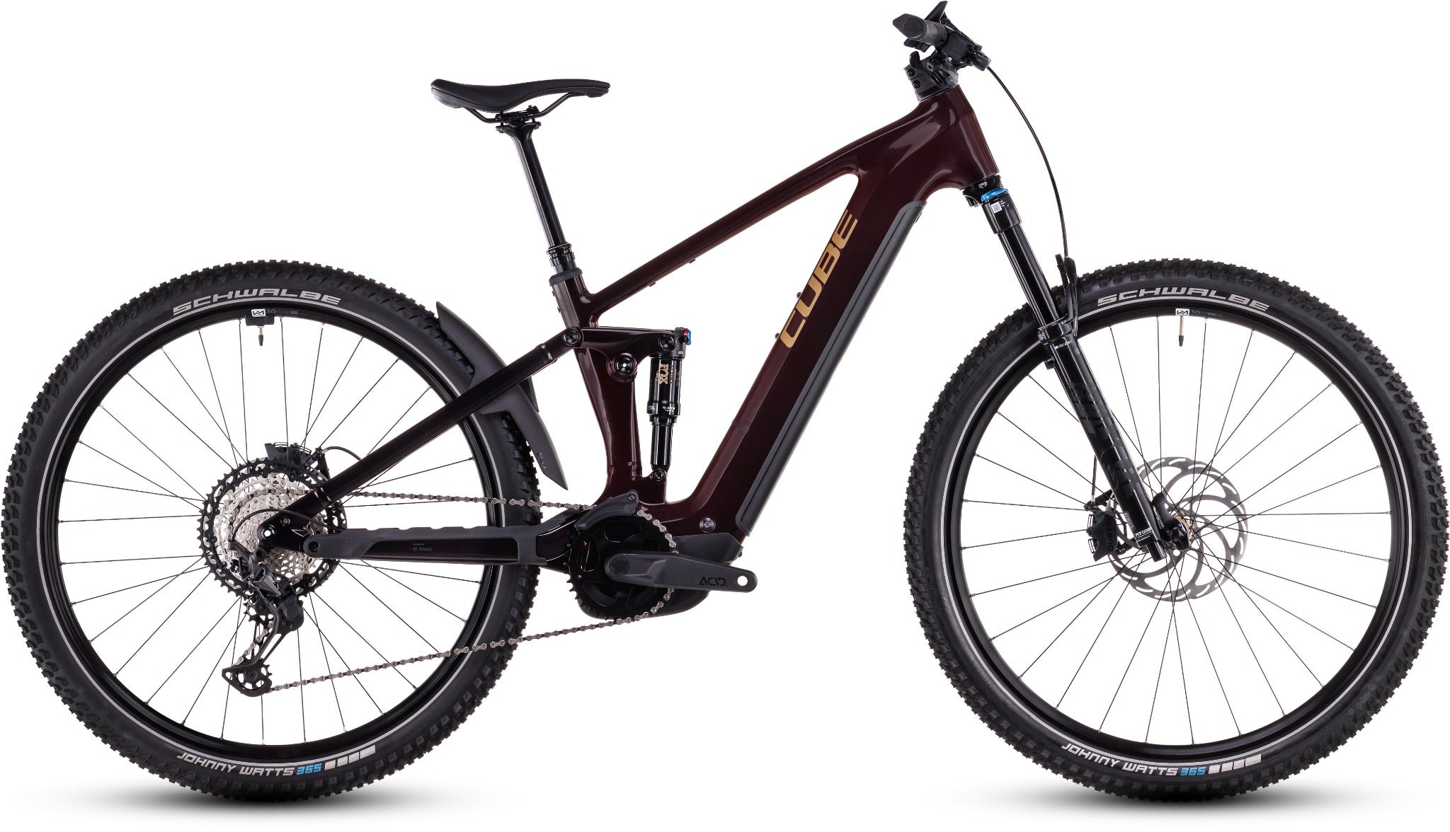 Cube Stereo Hybrid ONE22 E-Mountainbike, rotbraun, mit robusten Schwalbe Reifen. Ideal für Geländefahrten.