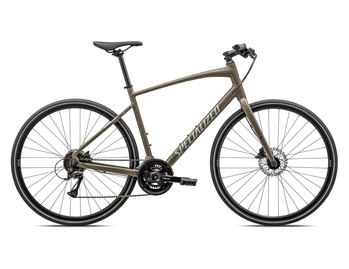 Specialized Sirrus Fahrrad in Olivgrün, leichtes Design, geeignet für Stadt- und Fitness-Fahrten.