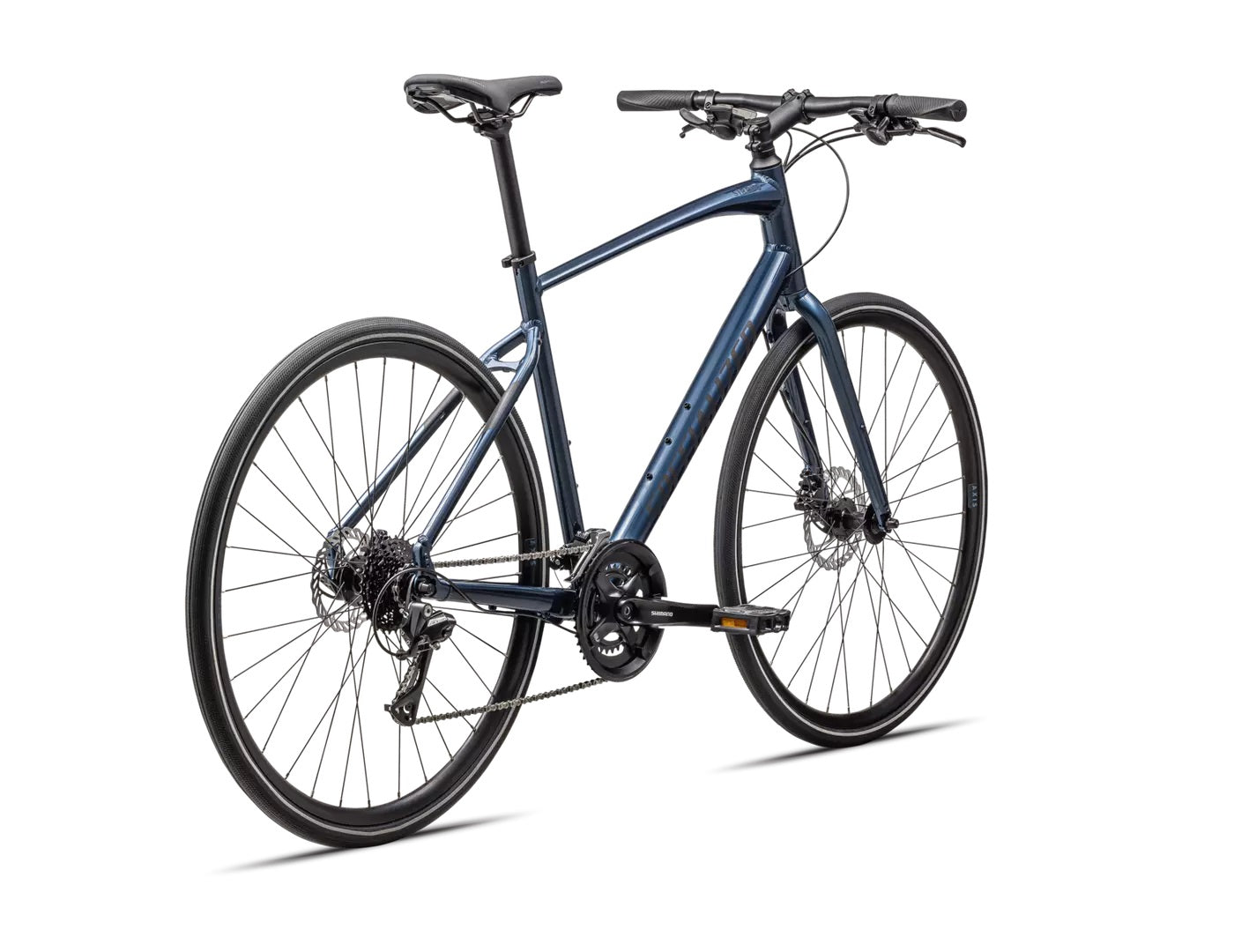 Specialized Sirrus, blaues Fitness-Hybridfahrrad, ideal für Stadtfahrten und Trainings.