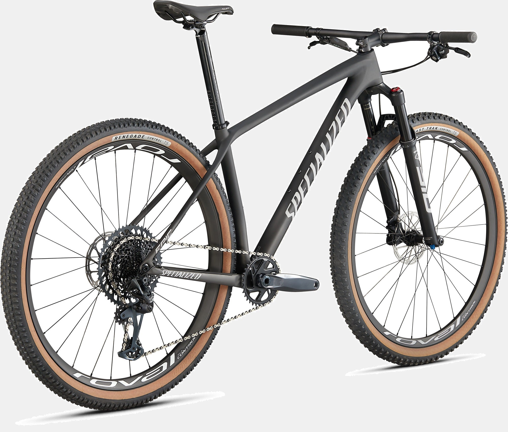 Schwarzes Specialized Epic Hardtail Mountainbike mit breiten Reifen, geeignet für Offroad-Fahrten.