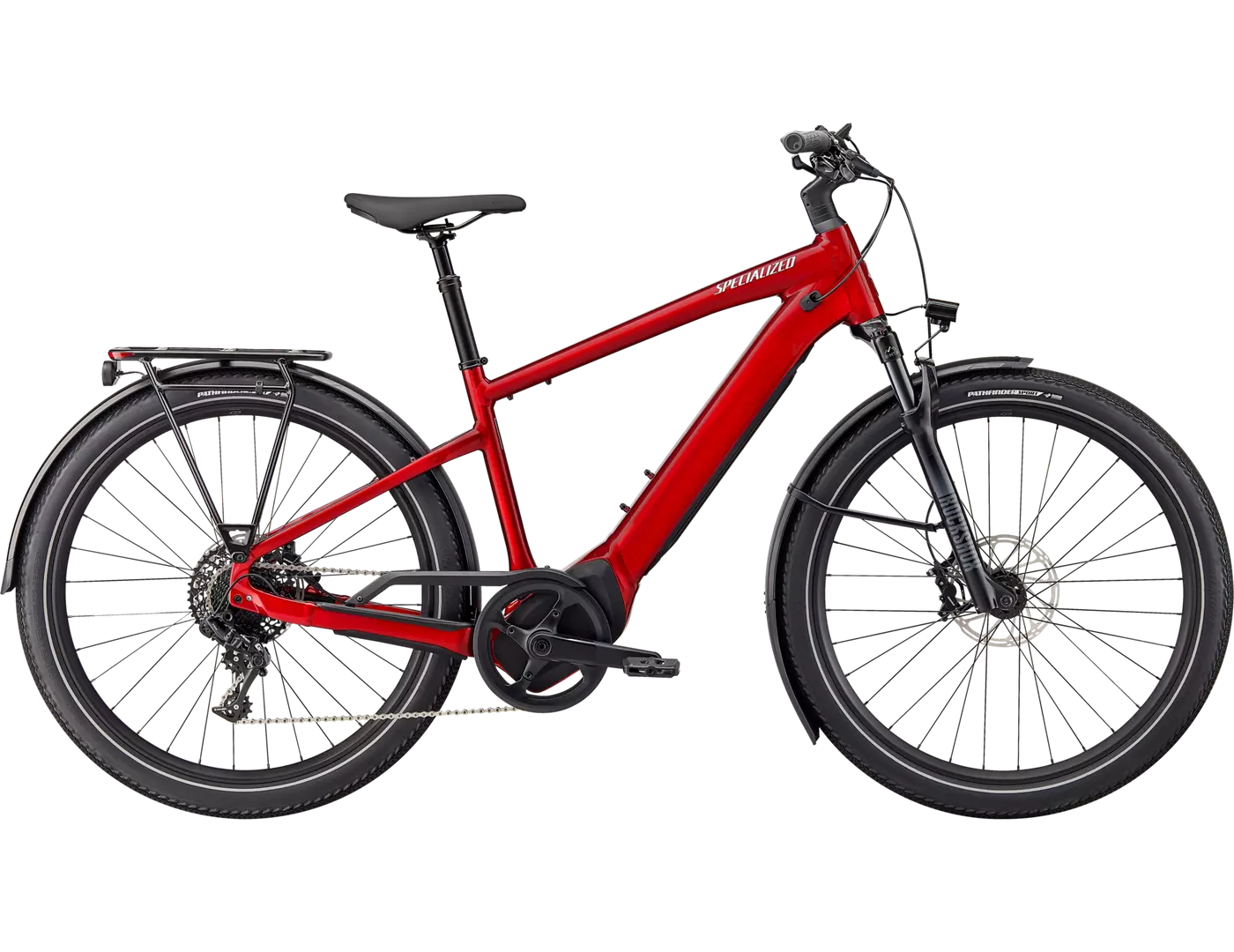 Rotes E-Bike Specialized Turbo Vado mit Rahmentasche, Schutzblechen und Gepäckträger. Ideal für Stadt- und Freizeitfahrten.