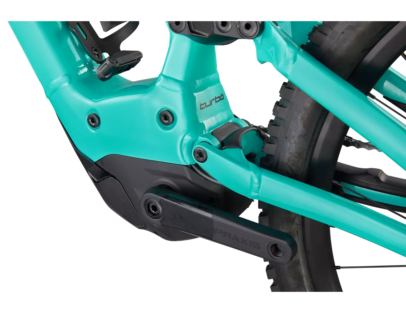 Türkiser Rahmen des Specialized Turbo Kenevo E-Mountainbikes mit integriertem Elektromotor, Detailansicht.