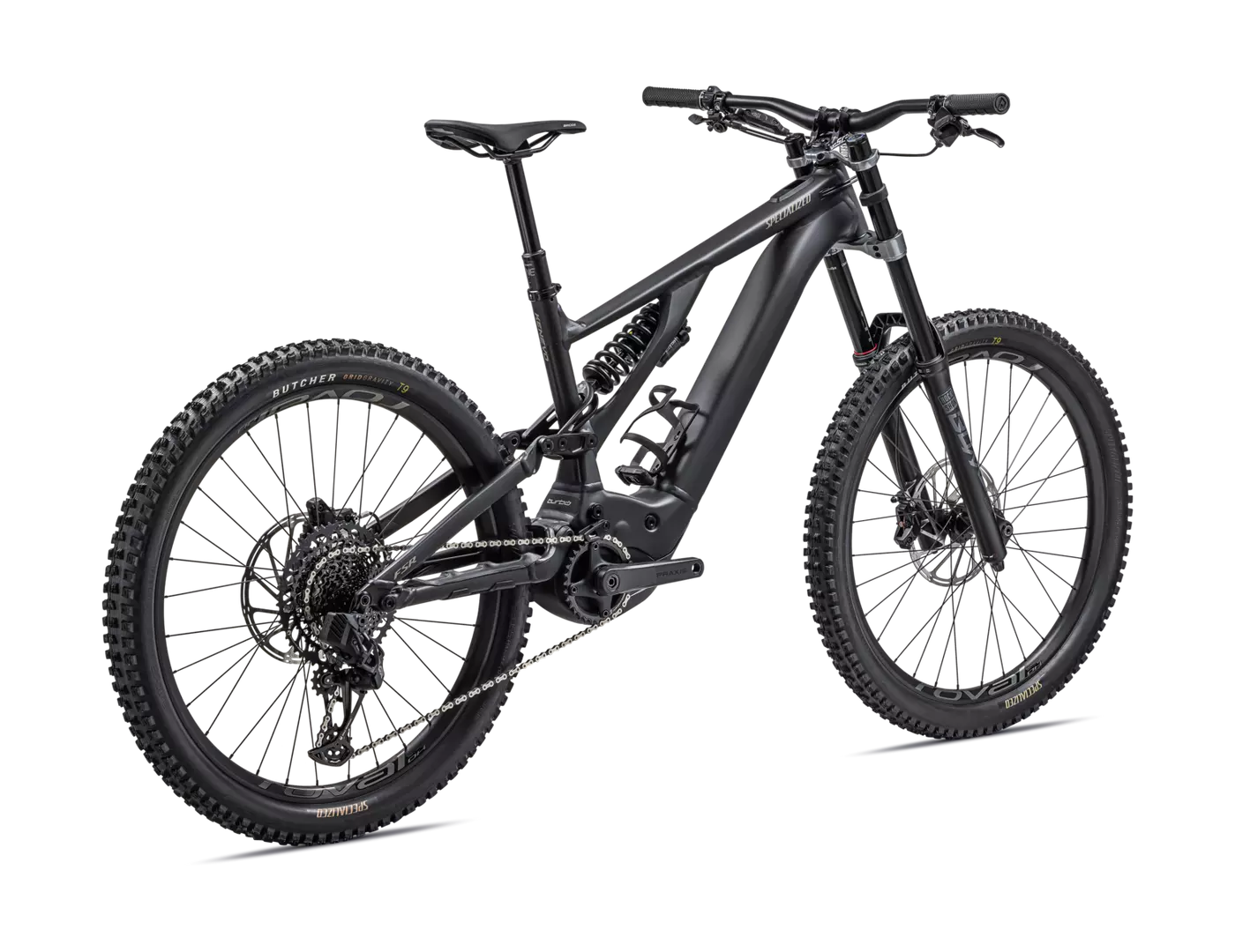 Schwarzes E-Mountainbike Specialized Turbo Kenevo mit robustem Rahmen, Scheibenbremsen und breiten Reifen, seitliche Ansicht.