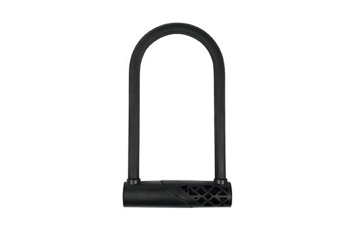 Schwarzes Bügelschloss für Fahrräder, robustes Design, ideal für Diebstahlschutz, universell einsetzbar.