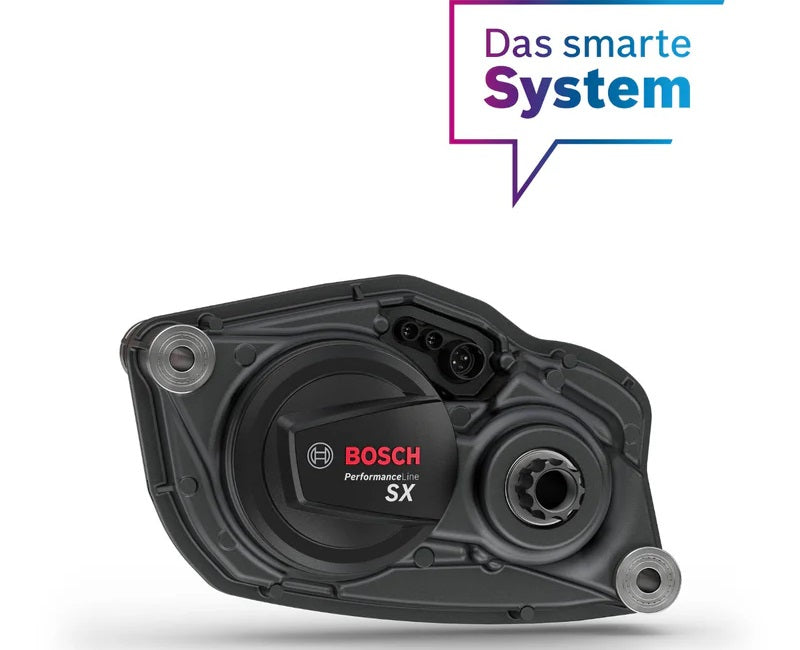 Bosch Performance Line SX E-Bike-Motor, kompakt und schwarz, geeignet für smarte E-Bike-Systeme.