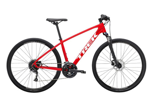 Rotes Trek Crossbike mit schwarzem Sattel und Reifen. Ideal für sportliche Fahrten auf verschiedenen Untergründen.