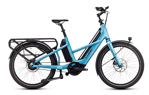 Blaues Cube Longtail Hybrid Lasten-E-Bike mit robustem Heckträger, ideal für den urbanen Transport.