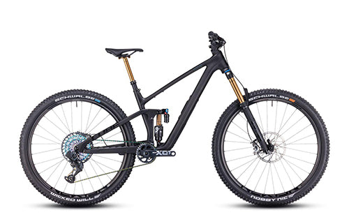 Cube Stereo ONE55 Mountainbike, Schwarz, vollgefedert, mit Scheibenbremsen und dicken Reifen, geeignet fürs Gelände.