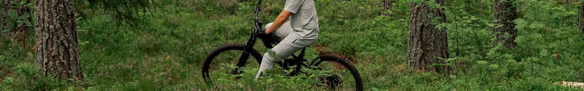 Person auf Mountainbike im Wald, fährt auf einem Pfad zwischen Bäumen. Fahrrad in schlichtem Design, keine Marke ersichtlich.