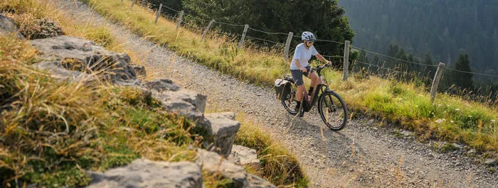 Person fährt mit einem Mountainbike auf einem steinigen, ländlichen Weg. Geeignet für Offroad-Radtouren.
