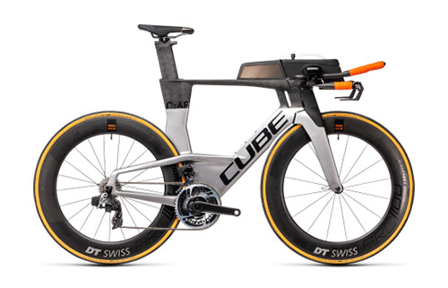 Triathlonrad Cube Aerium C:68 mit Aerolenker, DT Swiss-Laufrädern, graues Design, ideal für Wettkämpfe.