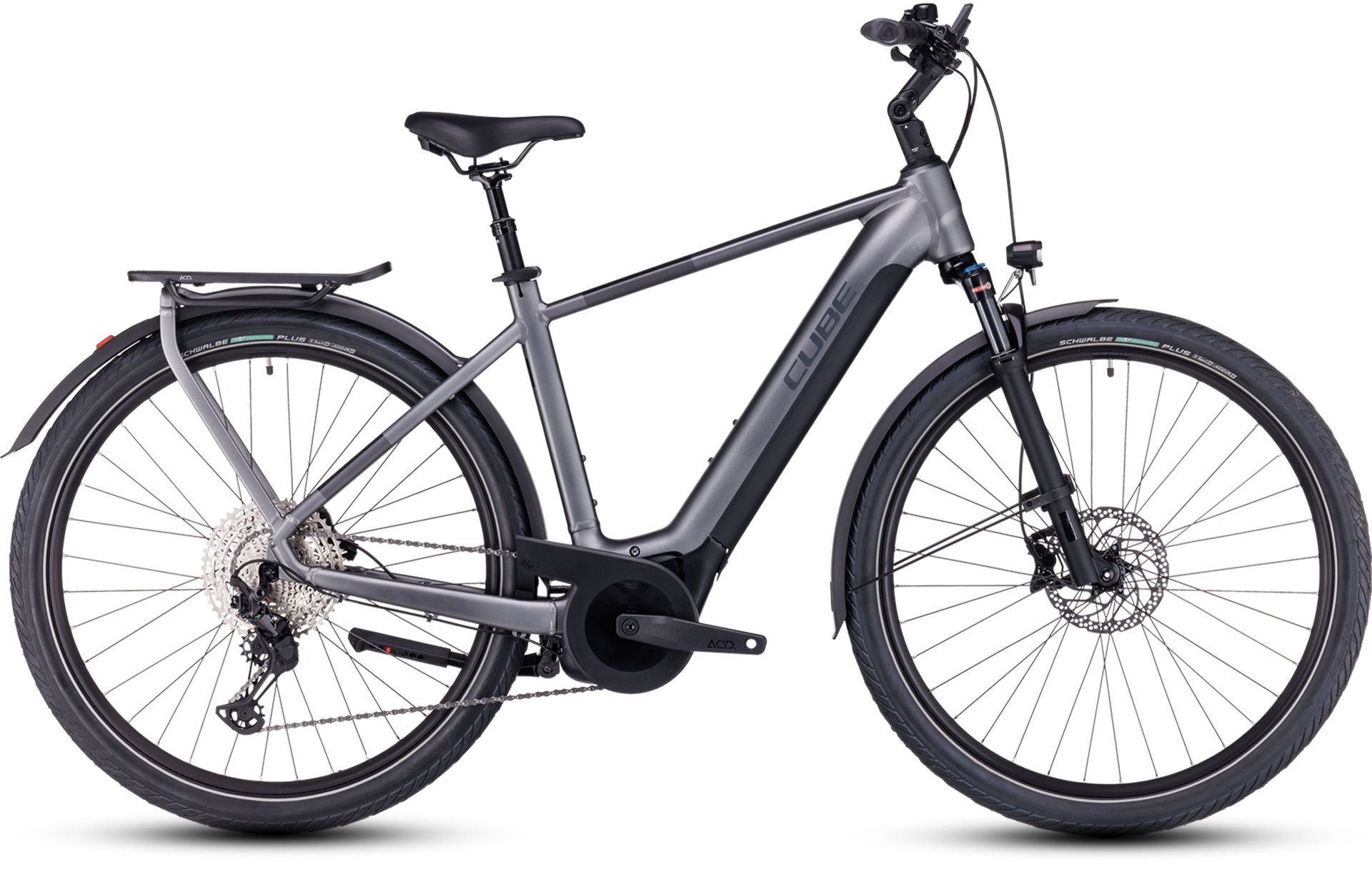 Cube Touring Hybrid E-Bike in Grau, 28-Zoll-Räder, mit Scheibenbremsen und integriertem Akku, ideal für Stadt und Touren.