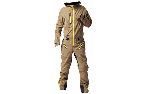 Beige einteiliger Outdoor-Anzug mit gelben Reißverschlüssen, ideal für Aktivitäten im Freien, unisex Design.