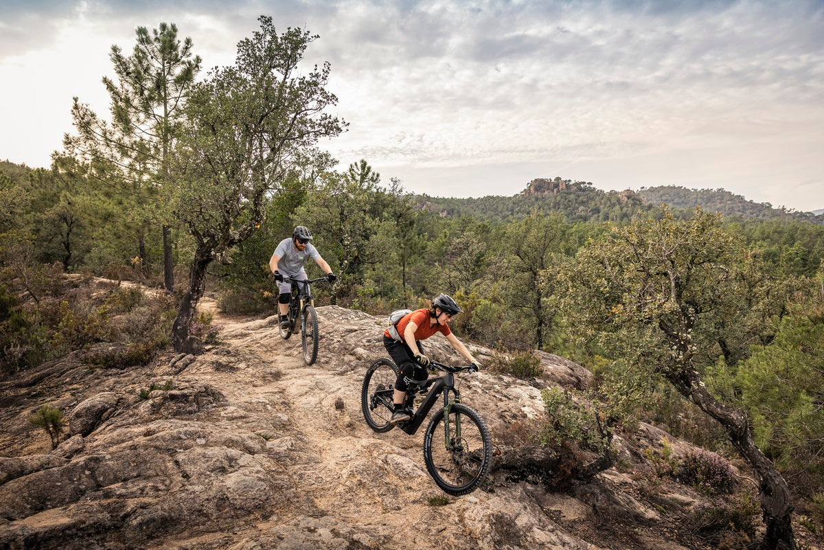 Zwei Mountainbiker fahren auf einem unbefestigten Waldweg bergab; geeignet für Outdoor-Enthusiasten.