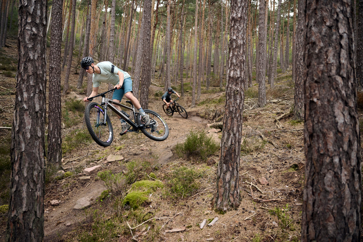 Zwei Personen fahren auf Focus Raven Hardtail-Mountainbikes durch einen Wald auf einem schmalen Pfad.
