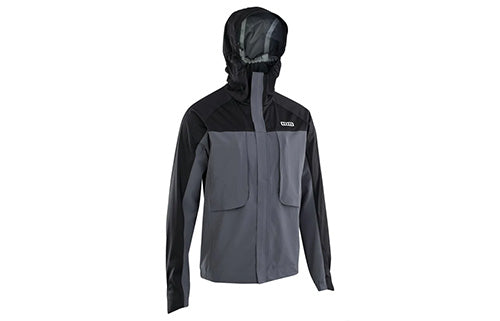 Graue und schwarze Fahrradjacke mit Kapuze für Outdoor-Aktivitäten, Marke ION, Modell nicht erkennbar.