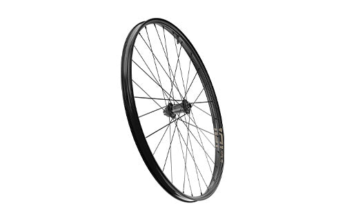 Schwarzes Fahrradlaufrad aus Aluminium mit Speichen, geeignet für Mountainbikes und Rennräder.