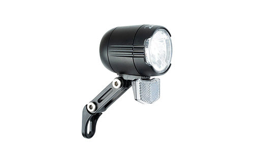 Schwarzes Frontlicht für Fahrräder mit Halterung; geeignet für Nächte und schlechte Sicht. Ideal für Radfahrer.