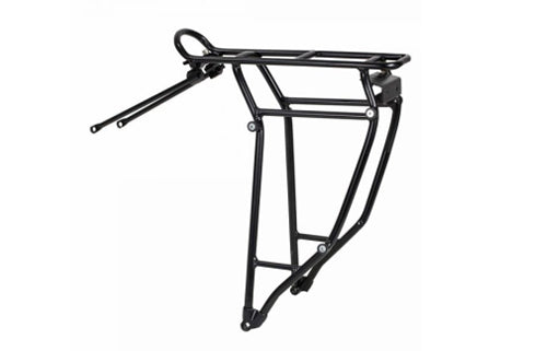 Schwarzer Gepäckträger für Fahrräder, robustes Design, geeignet für Touren und Alltagsnutzung.