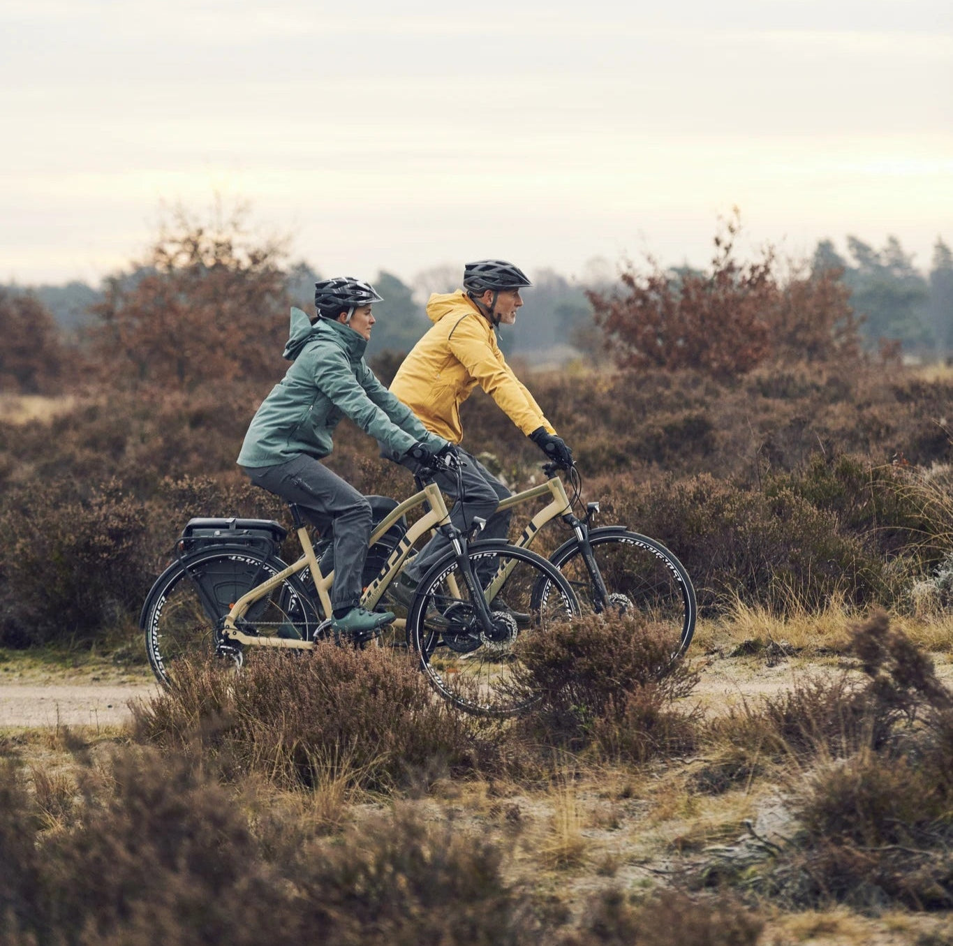 Zwei Personen fahren eBikes von Neumann durch eine herbstliche Landschaft, tragen wetterfeste Jacken und Helme.