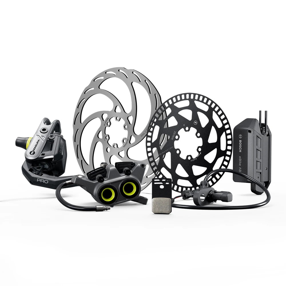 Magura Gustav Pro Scheibenbremssystem mit Bremssattel, Rotoren und Bosch Adapter für E-Bikes.