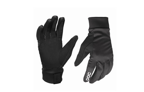 Schwarze POC-Handschuhe, geeignet für Outdoor-Aktivitäten, mit dezentem Logo am Handgelenk und Fingerspitzen.