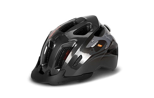 Schwarzer Kinderhelm mit Dinosauriermotiv, Belüftungsöffnungen und reflektierenden Elementen, geeignet für junge Radfahrer.