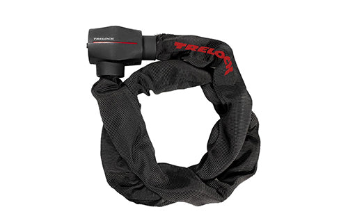 Schwarzes Trelock Kettenschloss mit Textilschutz, geeignet für Fahrradsicherheit, robustes Design.