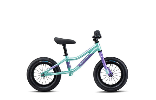 Kinderlaufrad in Türkis und Lila, 12-Zoll-Reifen, geeignet für Kleinkinder zum Erlernen des Fahrradfahrens.