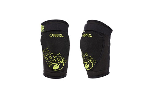 Schwarze Kinder-Knieprotektoren mit gelbem O'Neal-Logo und Muster, geeignet für Fahrradsport.