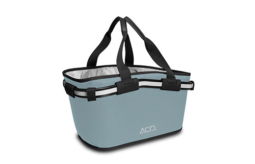 Hellblauer Fahrradkorb der Marke ACID mit schwarzen Griffen, ideal für den Transport beim Radfahren.