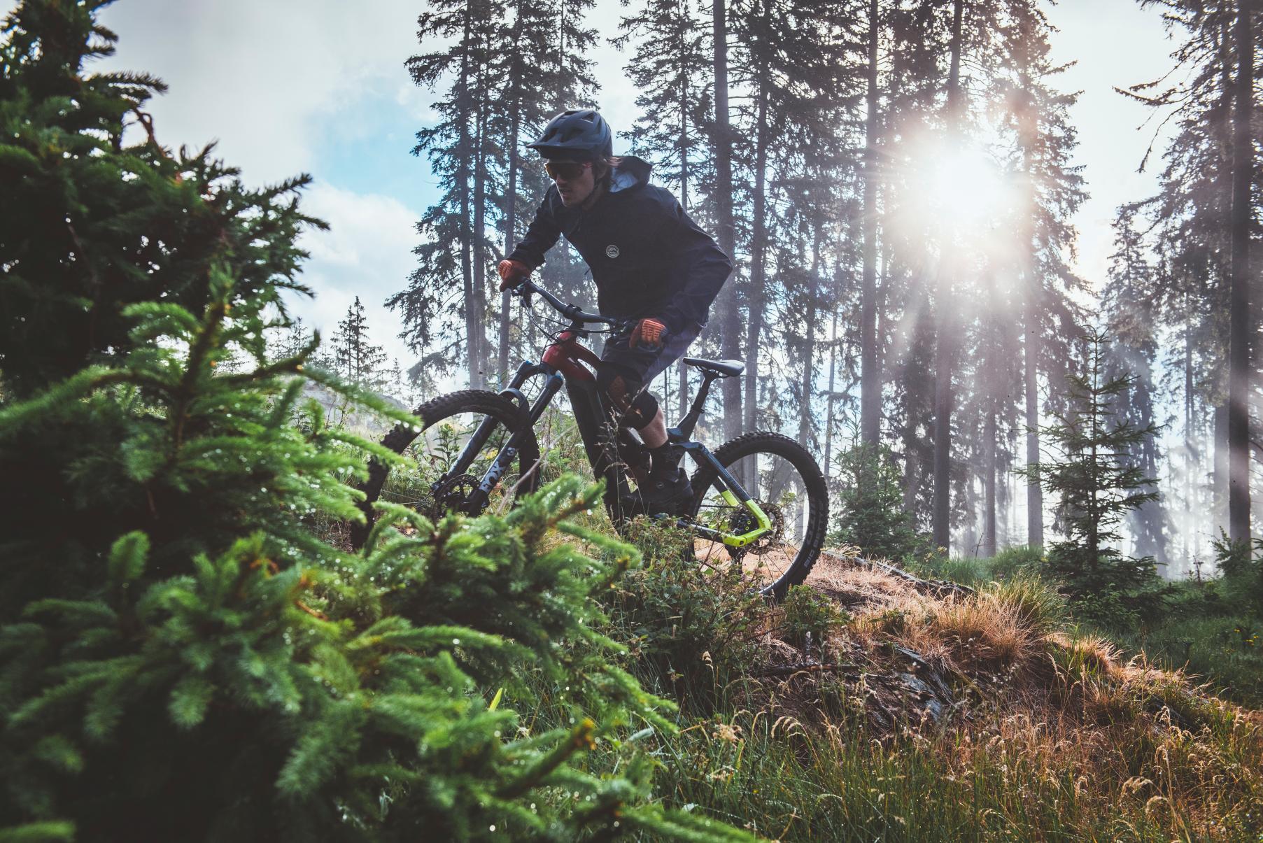 Person fährt ein Haibike E-MTB Fully durch einen Wald bei Sonnenschein, trägt Helm und Schutzkleidung.