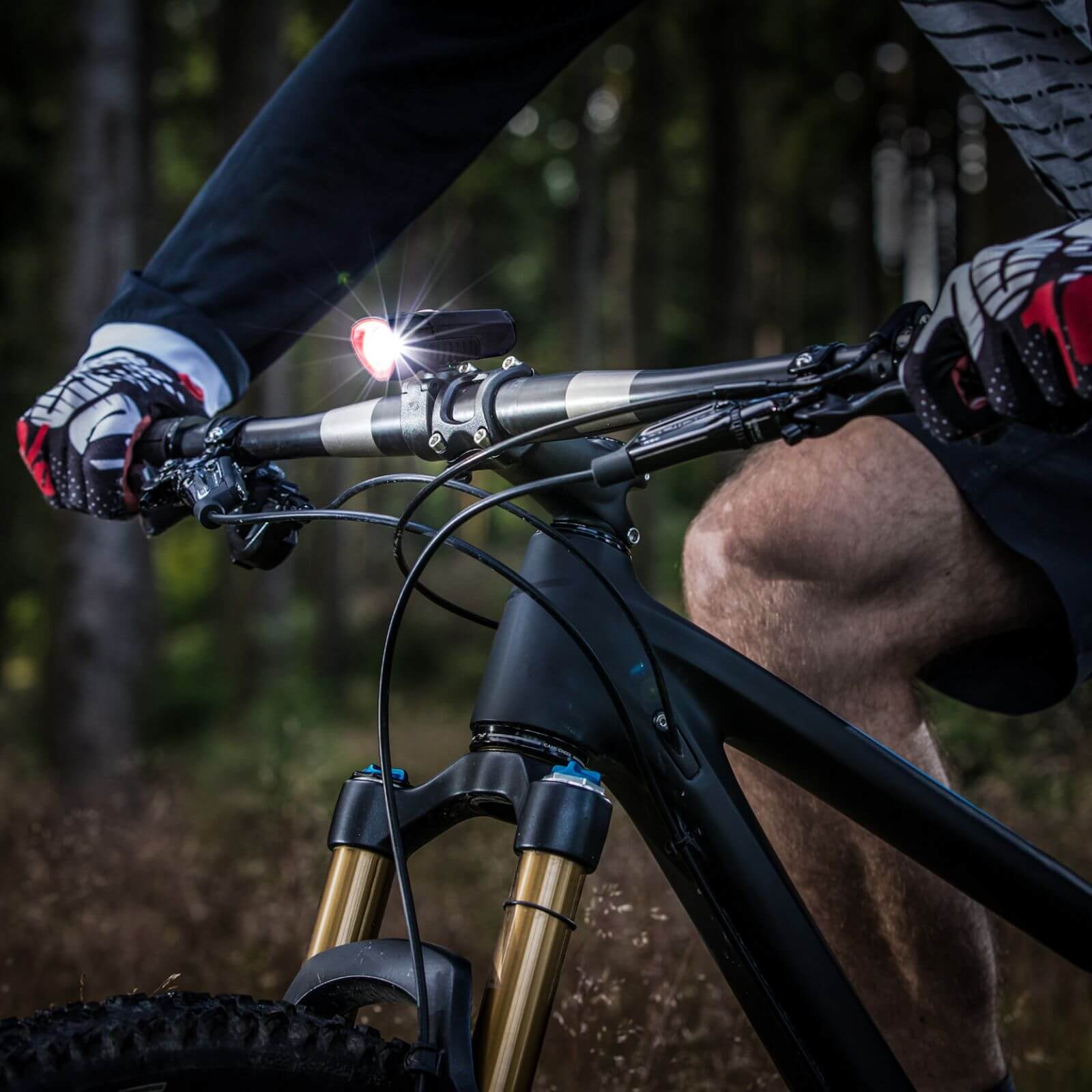 Mann fährt Mountainbike mit schwarzem Rahmen im Wald, beleuchtet von einem Frontlicht am Lenker.