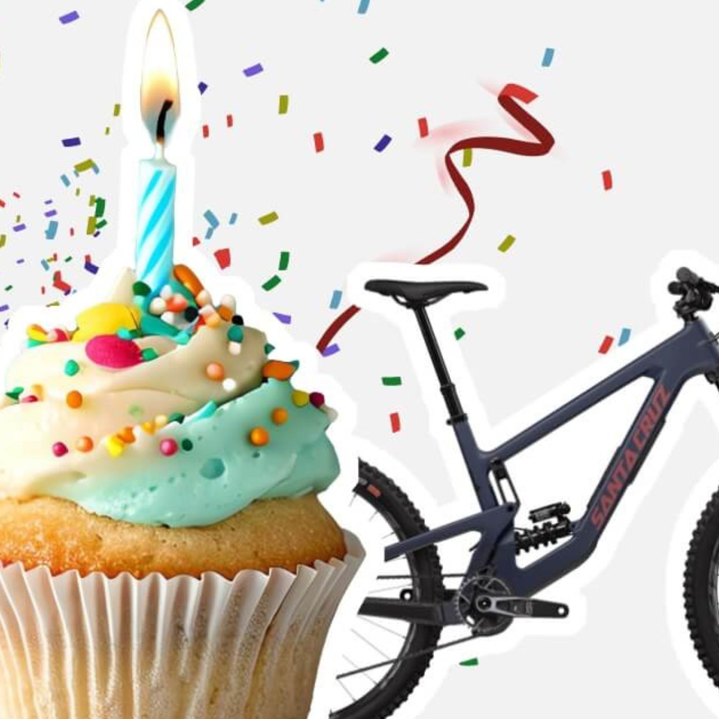 Cupcake mit Kerze und Santa Cruz Mountainbike im Konfettiregen, Feierlaune für Fahrradliebhaber.