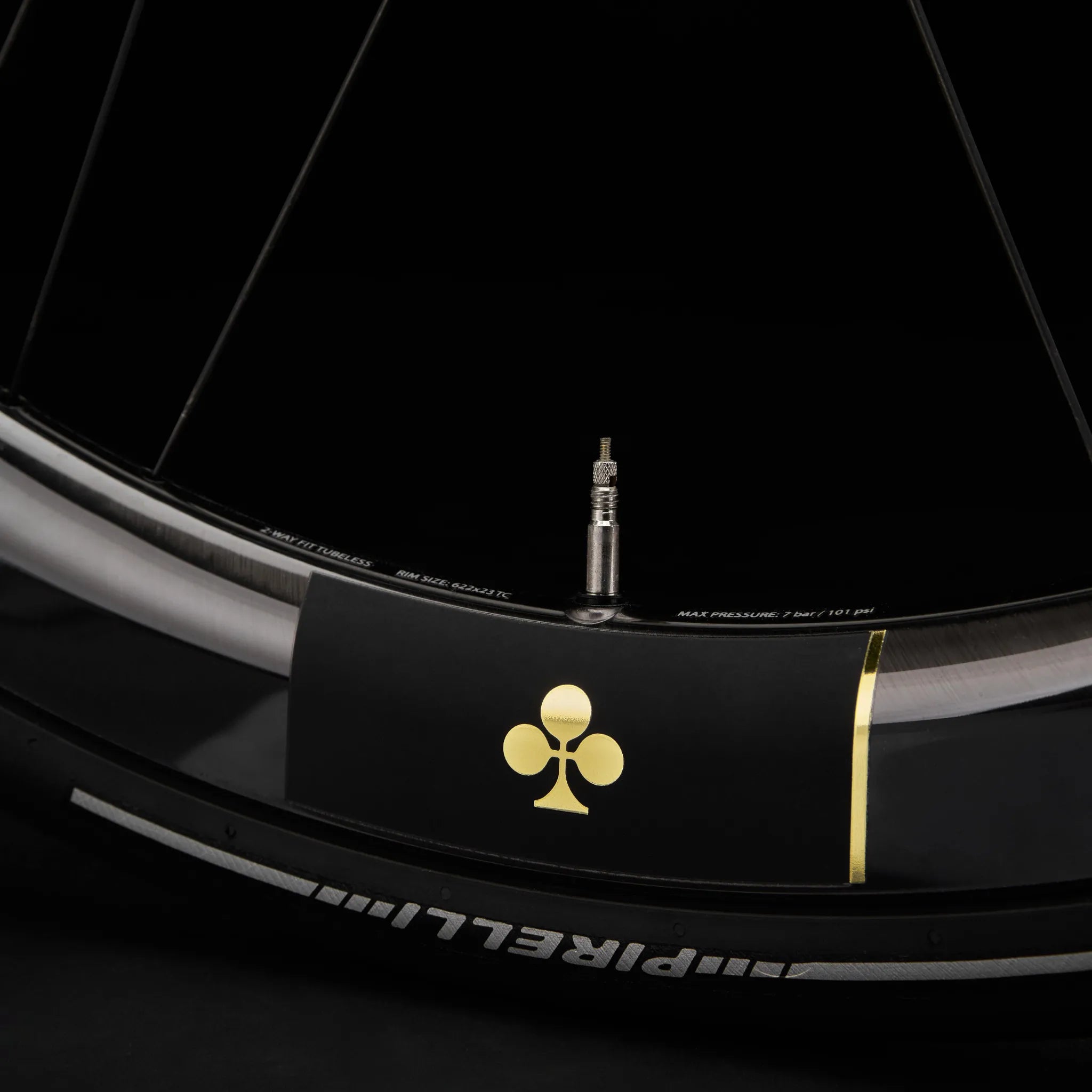 Nahaufnahme eines Colnago C72 Fahrradreifens mit Pirelli-Schriftzug und goldfarbenem Symbol auf schwarzer Felge.