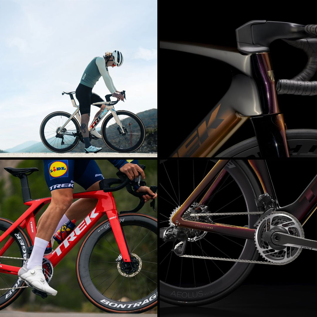 Collage mit Rennräder von Trek, Modell Madone. Details: Rahmen, Lenker, Räder. Sportliche Zielgruppe, Fahrrad-Enthusiasten.