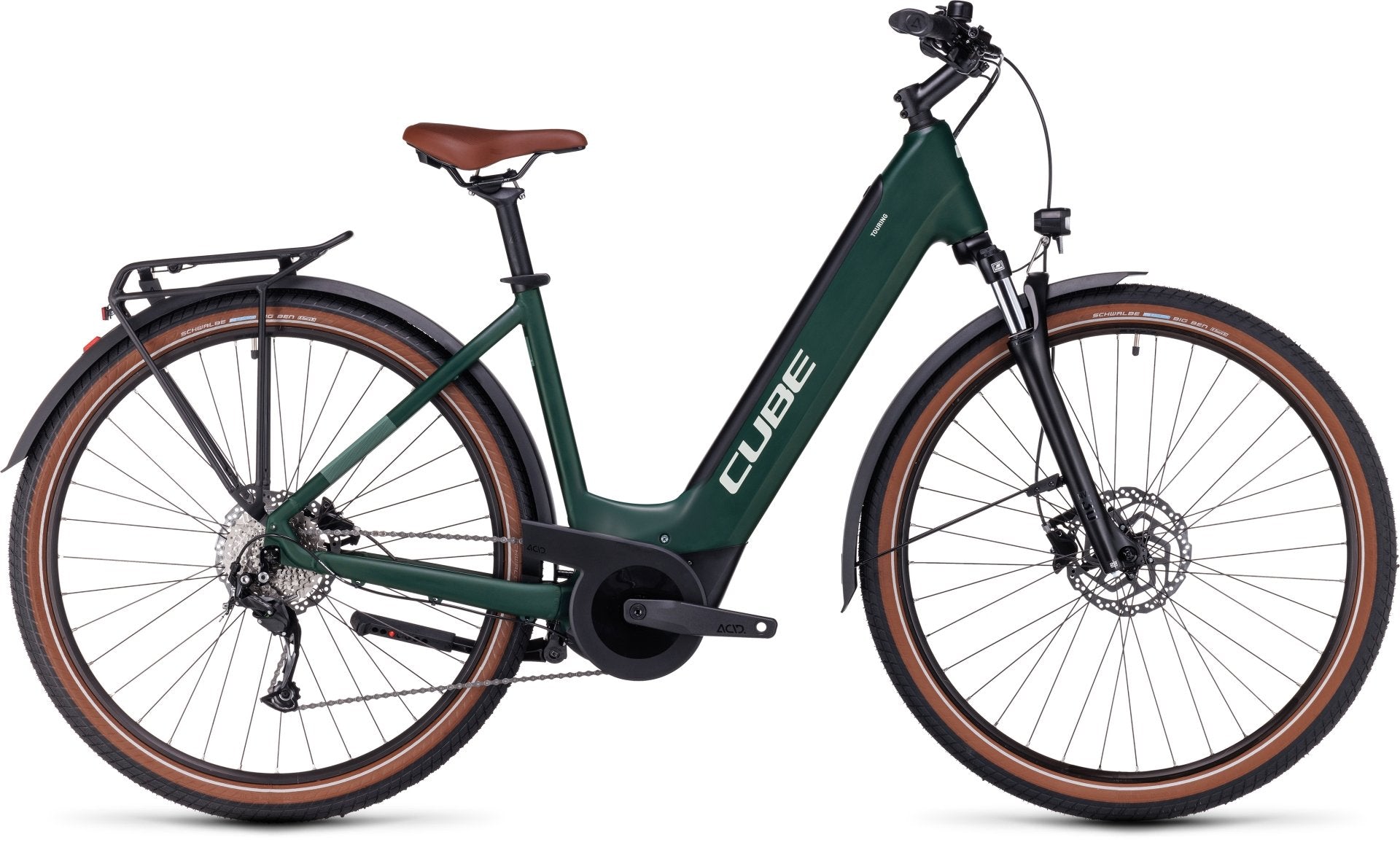 Cube Touring Hybrid E-Bike, grün, mit tiefem Einstieg, Shimano-Gangschaltung und Gepäckträger, ideal für City-Touren.