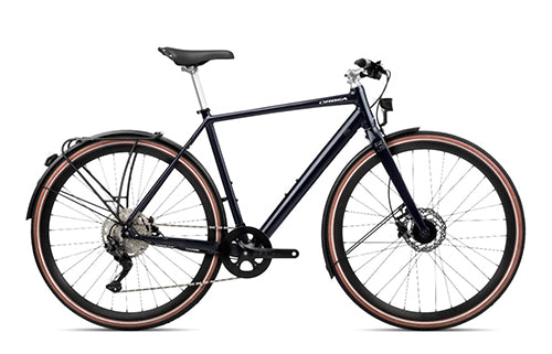 Schwarzes Orbea City Urban Fahrrad mit Scheibenbremsen, geeignet für den Stadtverkehr. Ideal für Pendler und Freizeitfahrer.