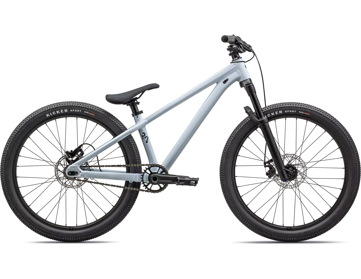 Silbernes BMX-Rad, ideal für Tricks und Stunts, mit schwarzer Gabel und Reifen der Marke Kicker Sport.