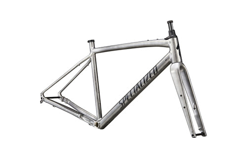 Silberner Specialized Rennradrahmen mit Gabel, geeignet für den Rennsport. Ideal für sportliche Radfahrer.